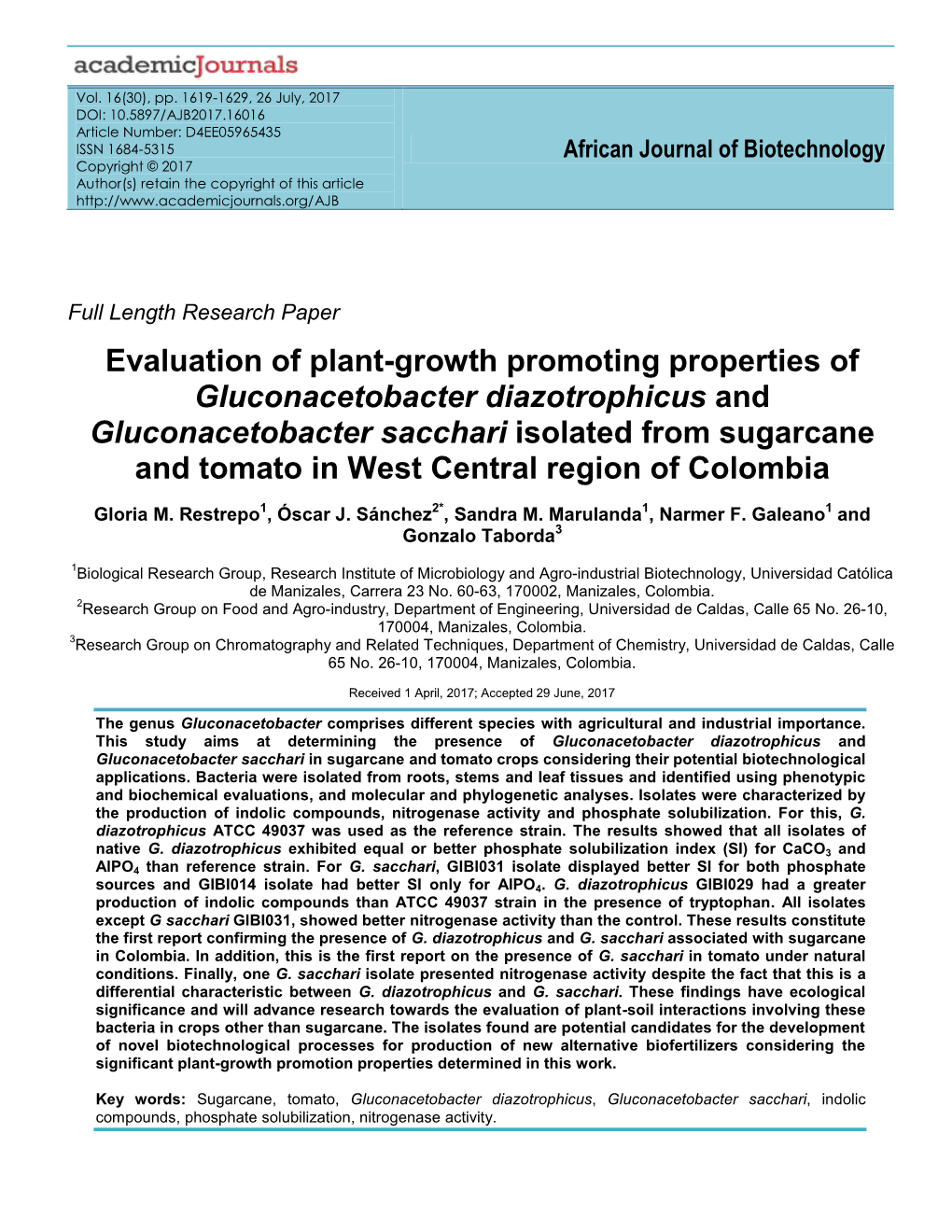 Evaluation of Plant-Growth Promoting Properties of Gluconacetobacter