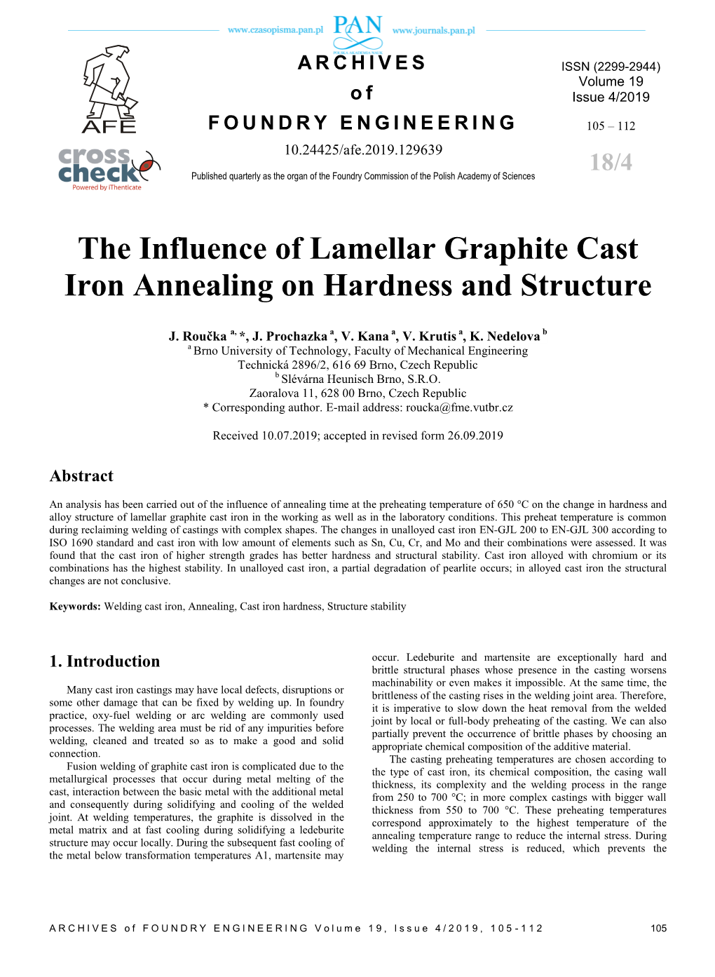 The Influence of Lamellar Graphite Cast Iron Annealing on Hardness and Structure