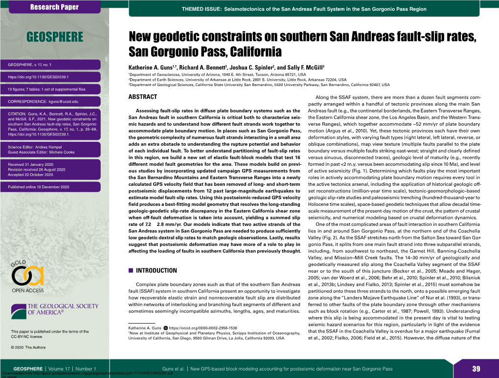 New Geodetic Constraints on Southern San Andreas Fault-Slip Rates, San Gorgonio Pass, California GEOSPHERE, V