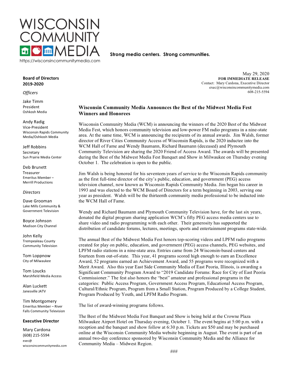 Wisconsin Community Media Announces the Best of the Midwest Media Fest Oshkosh Media Winners and Honorees