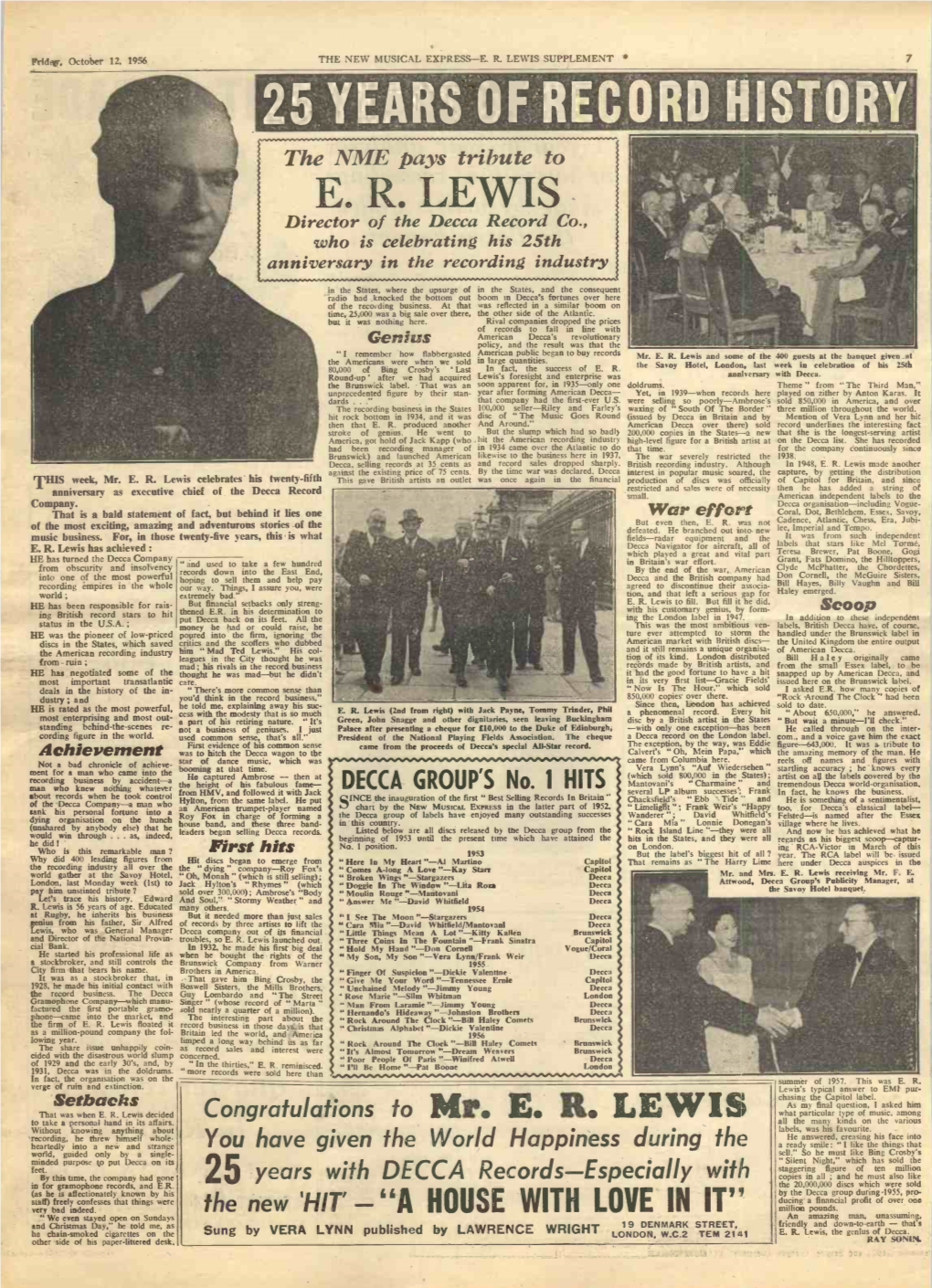 E. R. LEWIS SUPPLEMENT * 7 25 YEARS 0RECORD HISTORY the NME Pays Tribute to E