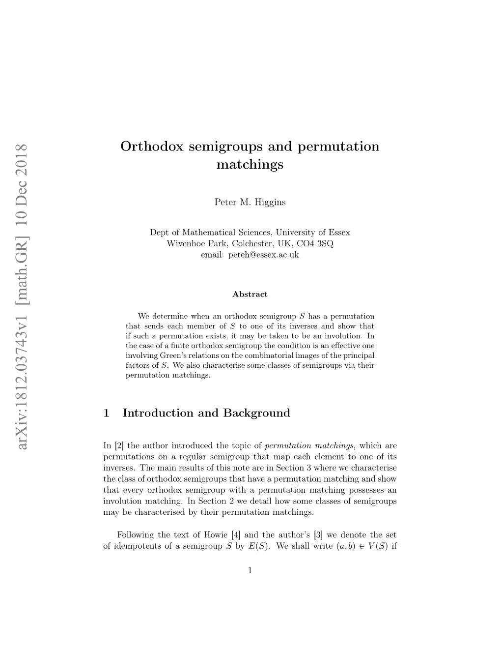 Orthodox Semigroups and Permutation Matchings