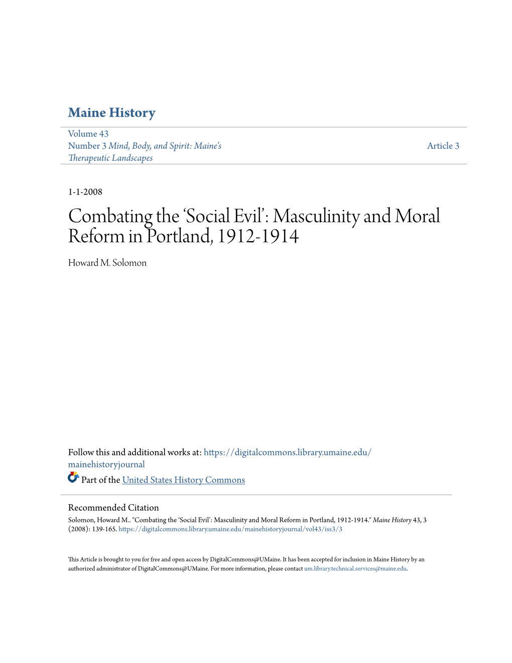 Masculinity and Moral Reform in Portland, 1912-1914 Howard M