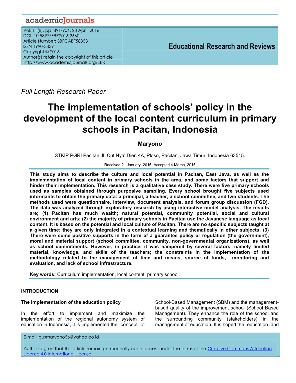 The Implementation of Schools' Policy in the Development of the Local