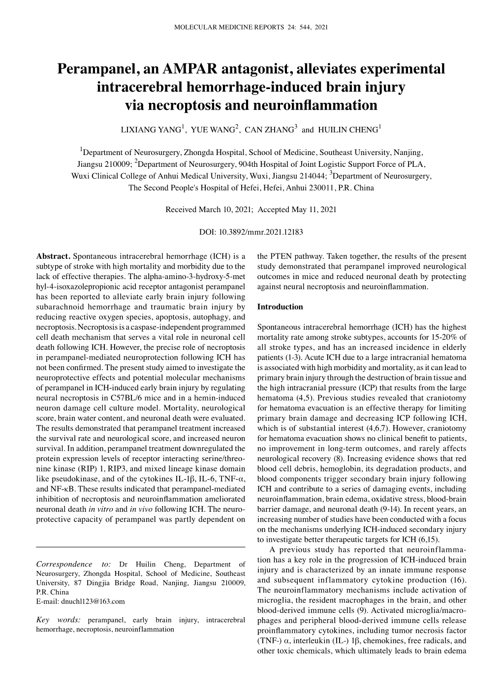 Perampanel, an AMPAR Antagonist, Alleviates Experimental Intracerebral Hemorrhage‑Induced Brain Injury Via Necroptosis and Neuroinflammation