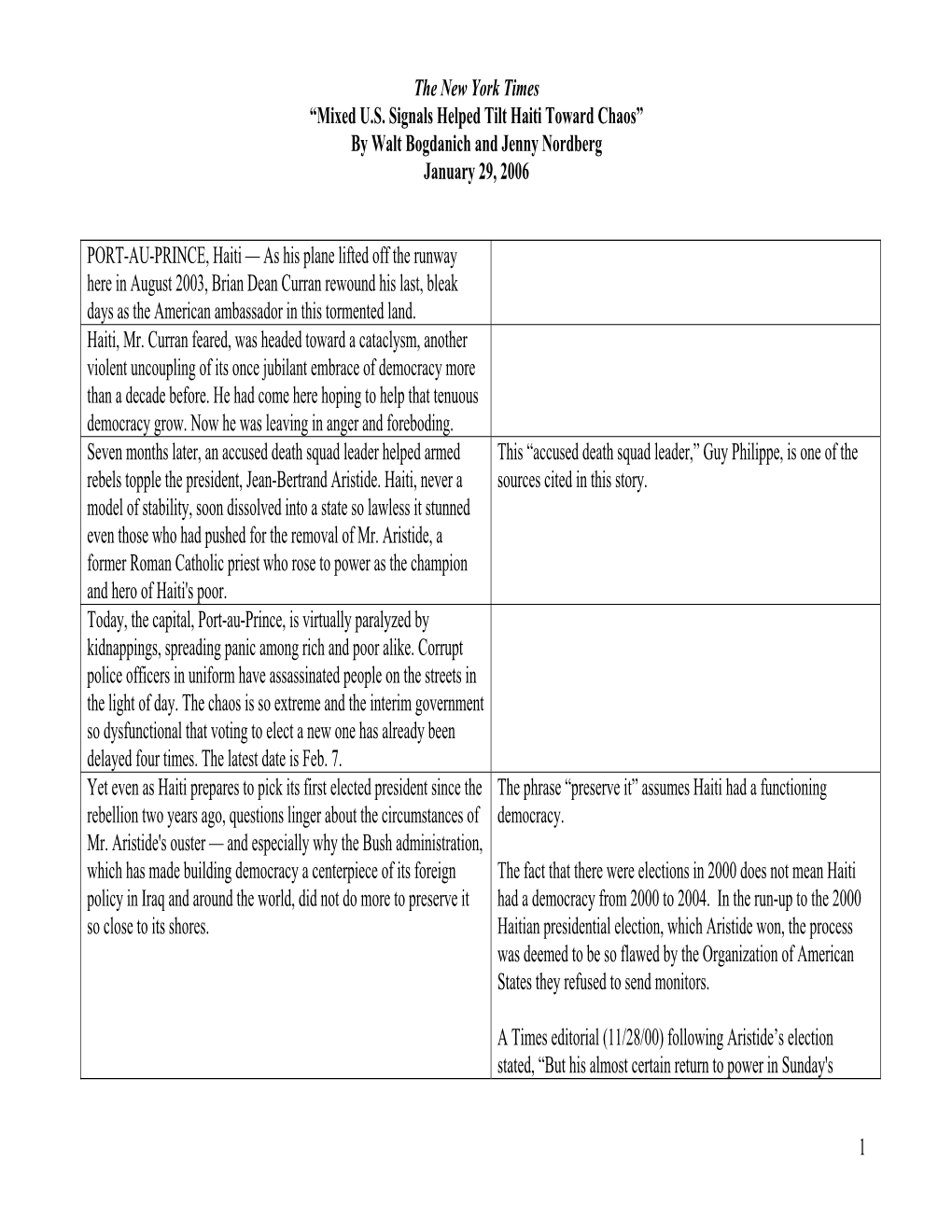 Mixed U.S. Signals Helped Tilt Haiti Toward Chaos” by Walt Bogdanich and Jenny Nordberg January 29, 2006