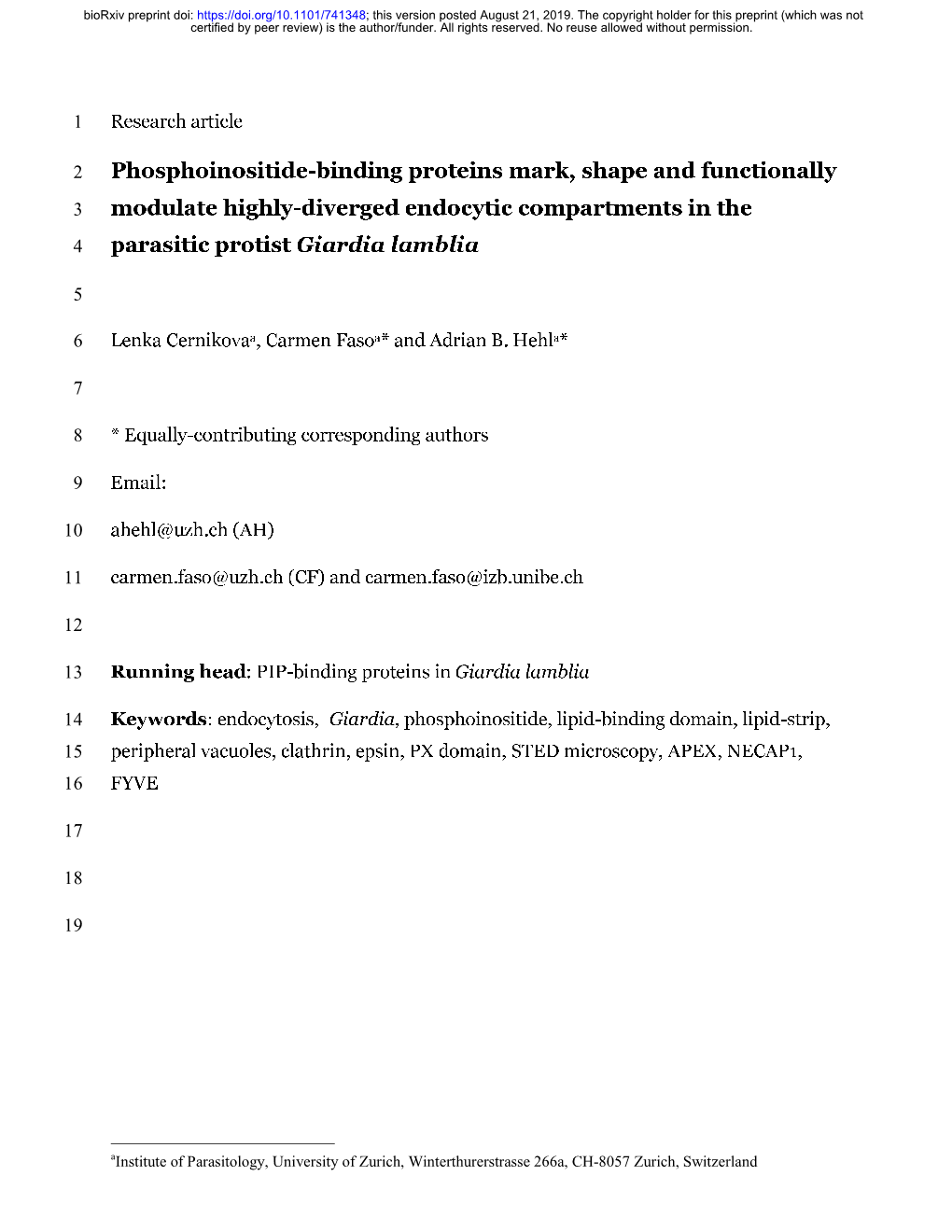 Phosphoinositide-Binding Proteins Mark, Shape and Functionally 3 Modulate Highly-Diverged Endocytic Compartments in the 4 Parasitic Protist Giardia Lamblia