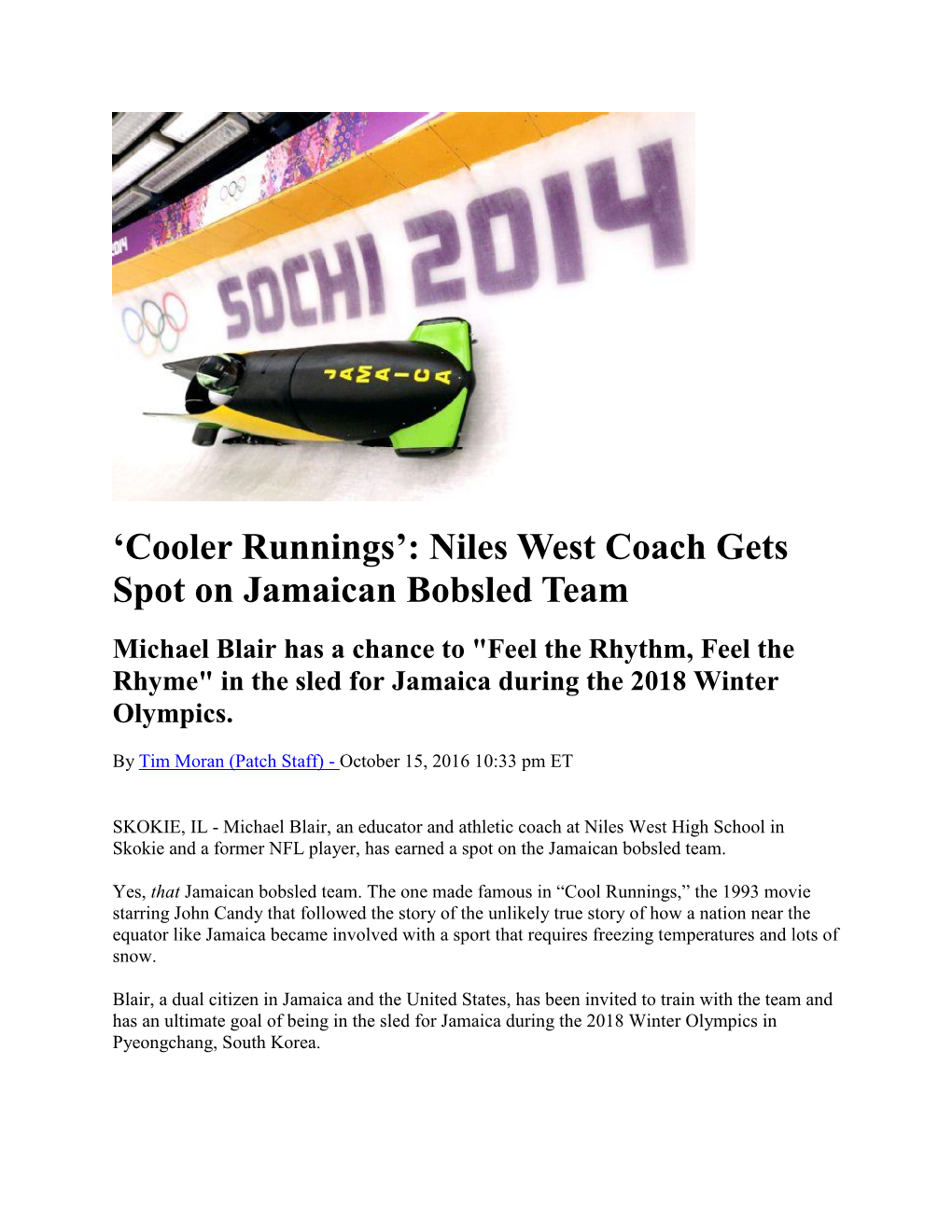 Michael Blair, Niles West Coach Gets Spot on Jamaican Bobsled Team