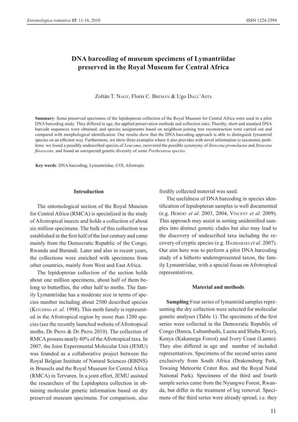 DNA Barcoding of Museum Specimens of Lymantriidae Preserved in the Royal Museum for Central Africa