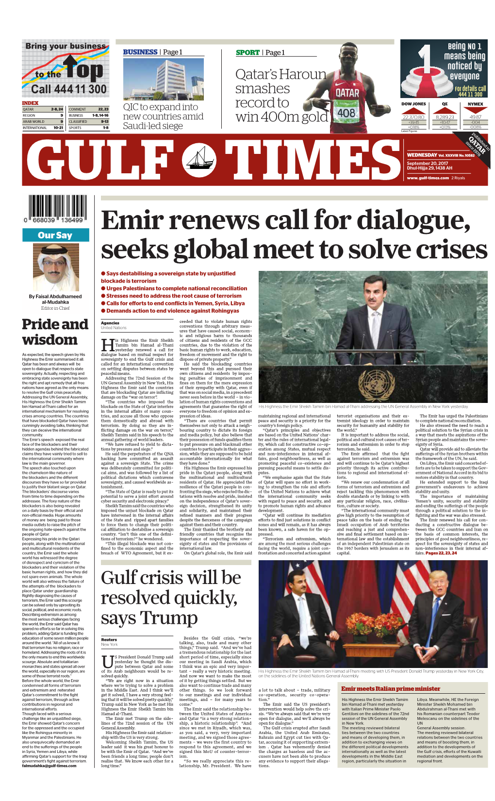Emir Renews Call for Dialogue, Seeks Global Meet to Solve Crises