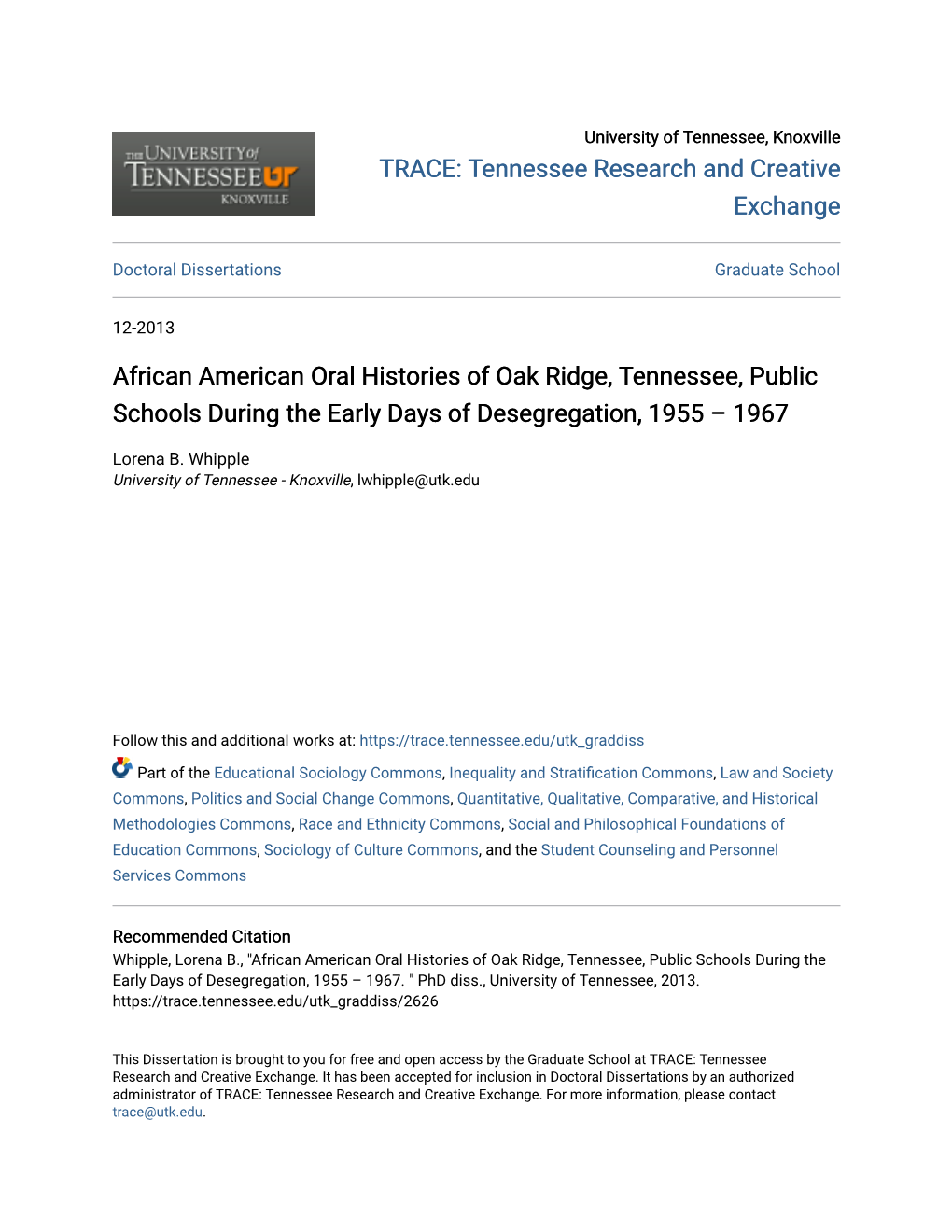 African American Oral Histories of Oak Ridge, Tennessee, Public Schools During the Early Days of Desegregation, 1955 – 1967