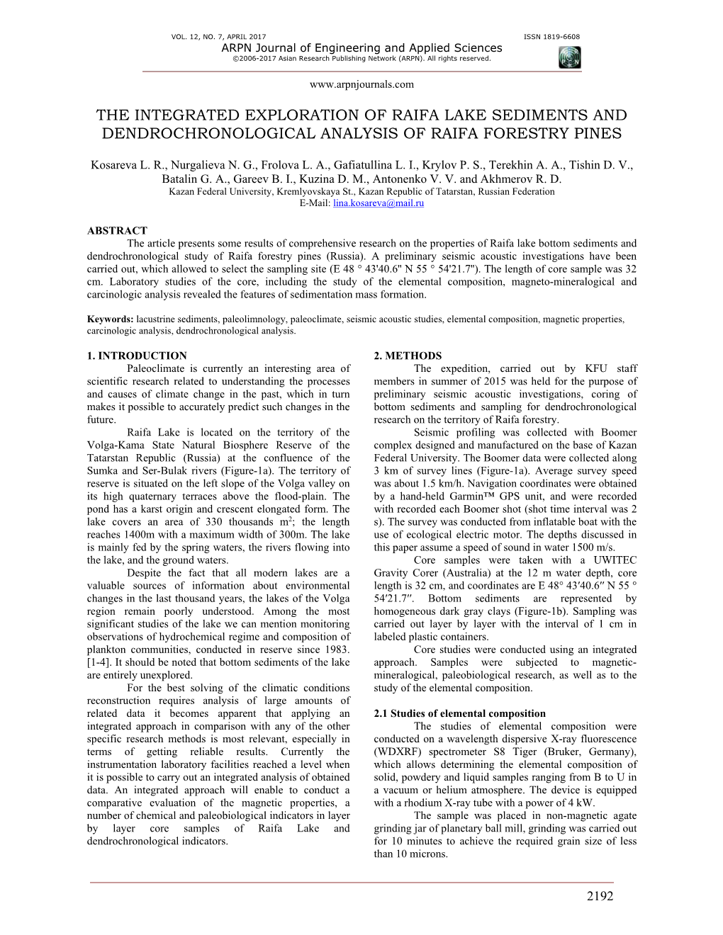 The Integrated Exploration of Raifa Lake Sediments and Dendrochronological Analysis of Raifa Forestry Pines