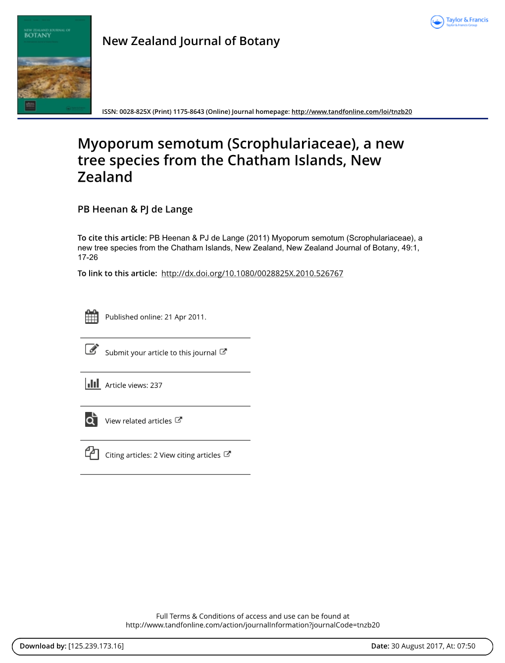 Myoporum Semotum (Scrophulariaceae), a New Tree Species from the Chatham Islands, New Zealand