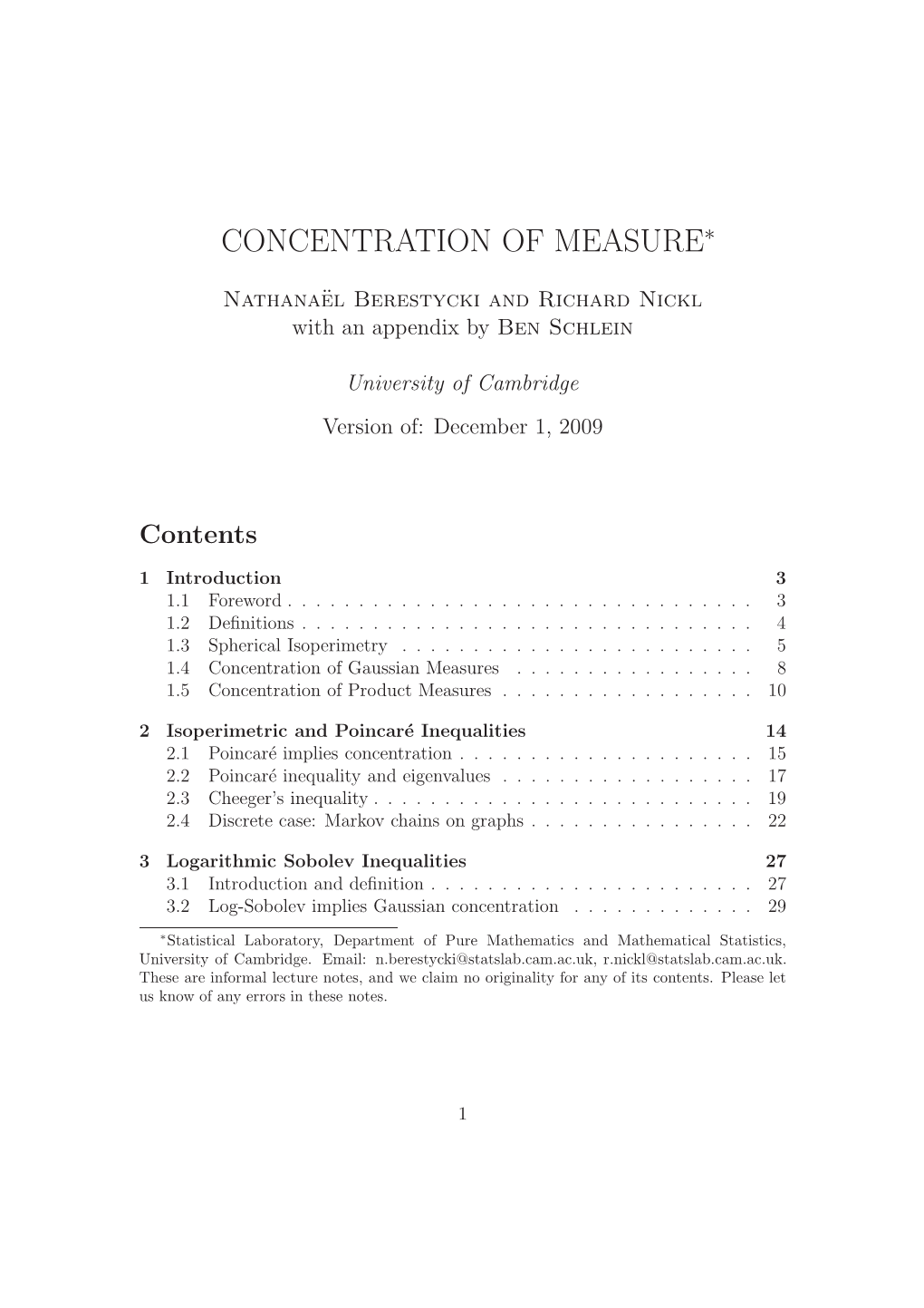 Concentration of Measure∗