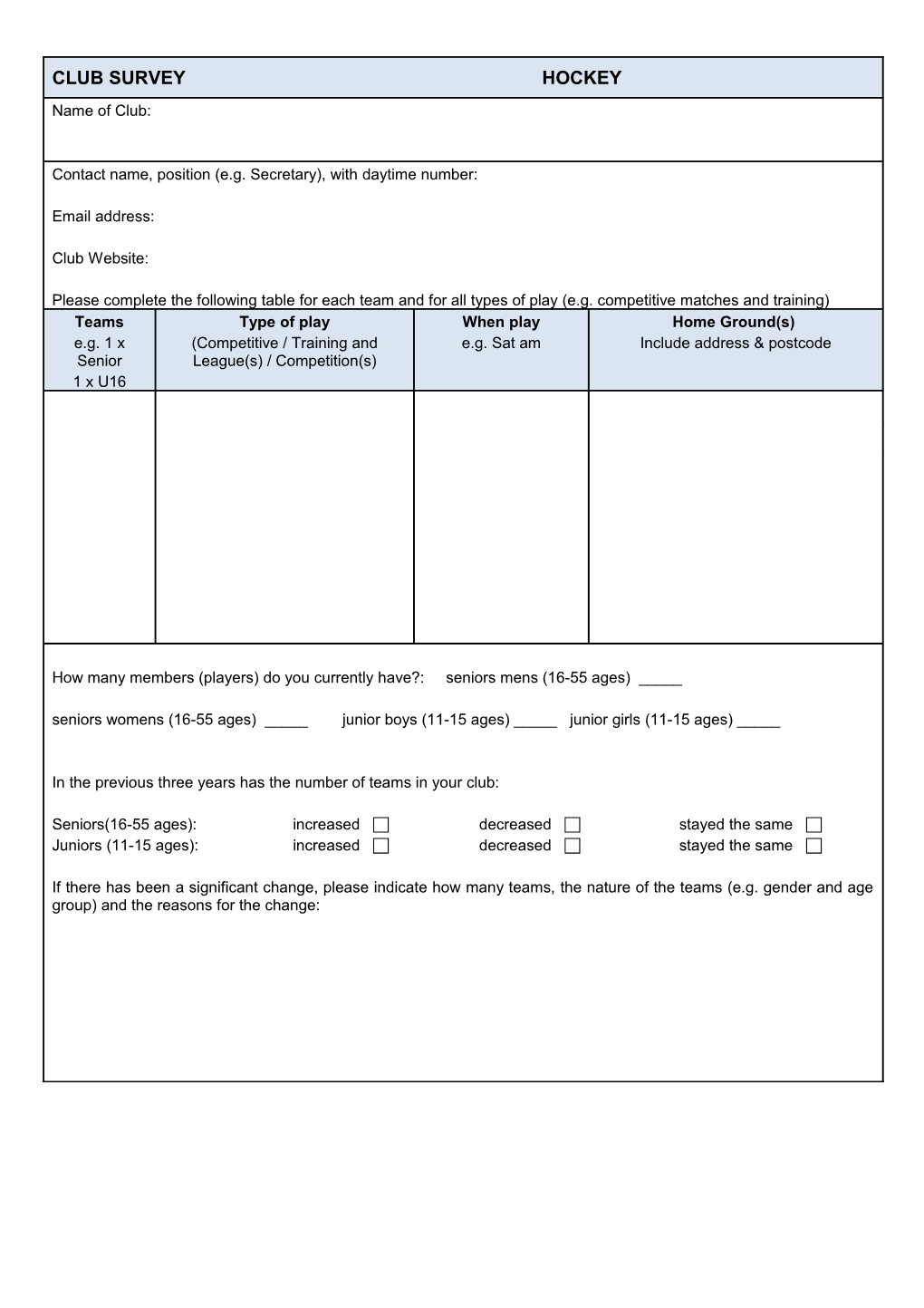 Home Ground Please Complete This Section for Your Main Home Facility