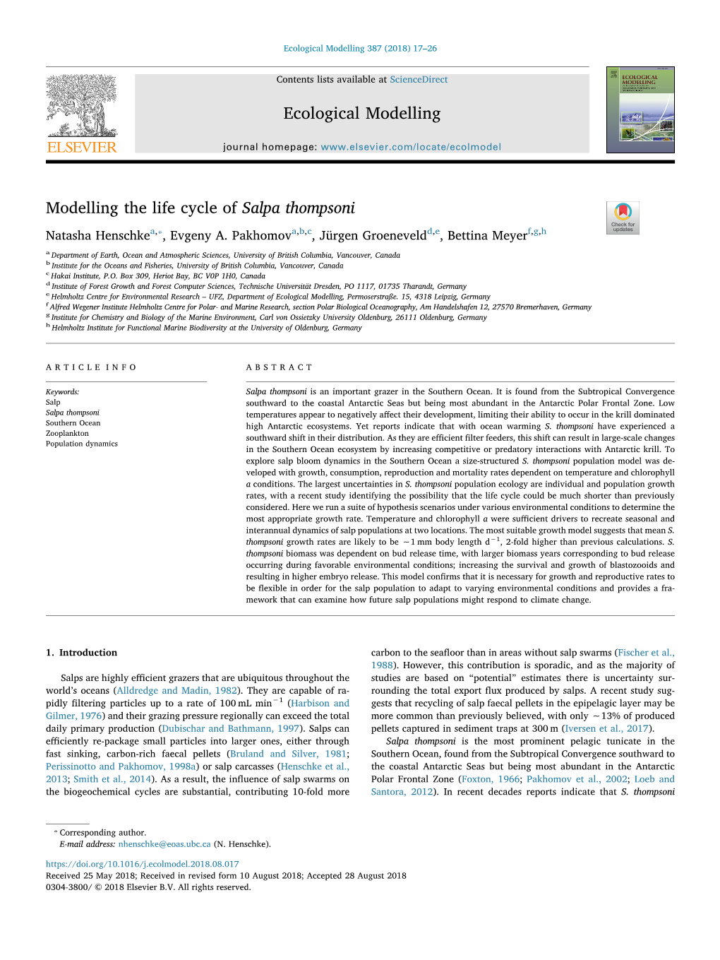 Modelling the Life Cycle of Salpa Thompsoni T ⁎ Natasha Henschkea, , Evgeny A