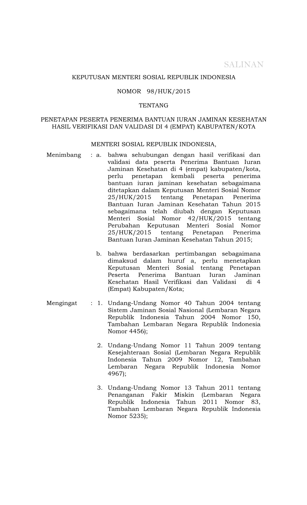 Kepmensos Nomor 98/Huk/2015 Tentang