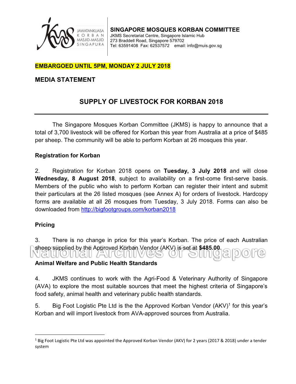 Supply of Livestock for Korban 2018