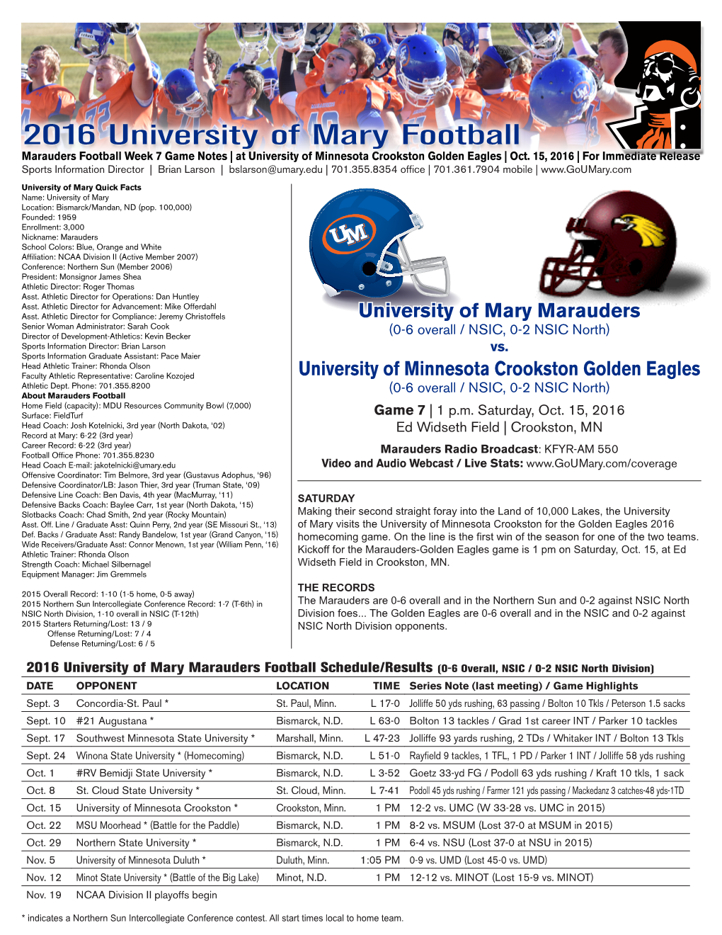 2016 University of Mary Football Marauders Football Week 7 Game Notes | at University of Minnesota Crookston Golden Eagles | Oct