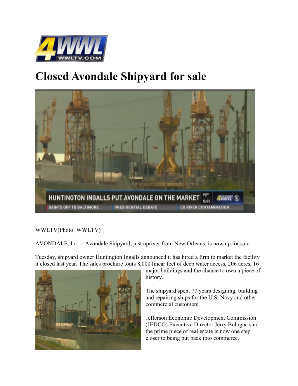 Closed Avondale Shipyard for Sale