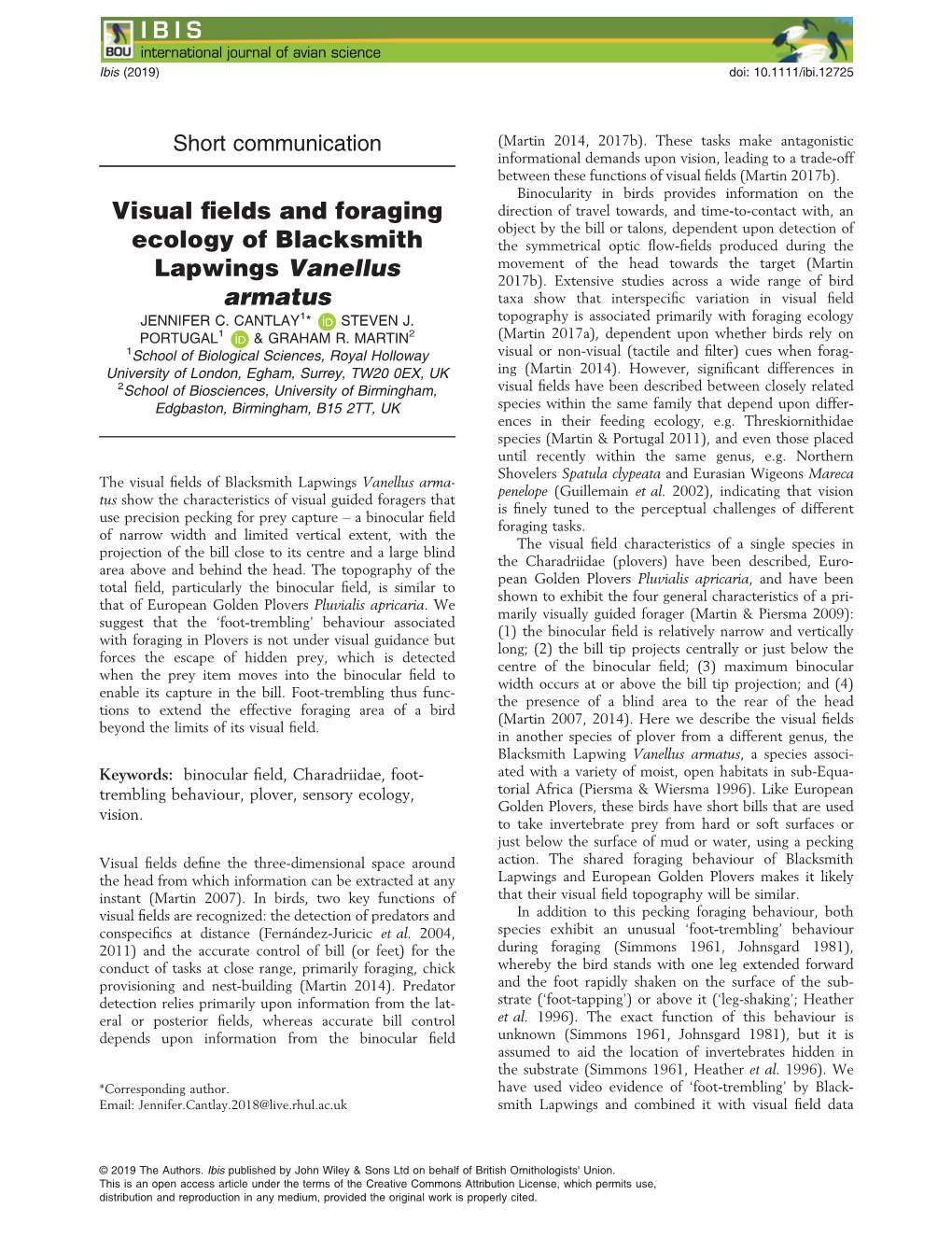 Visual Fields and Foraging Ecology of Blacksmith Lapwings Vanellus