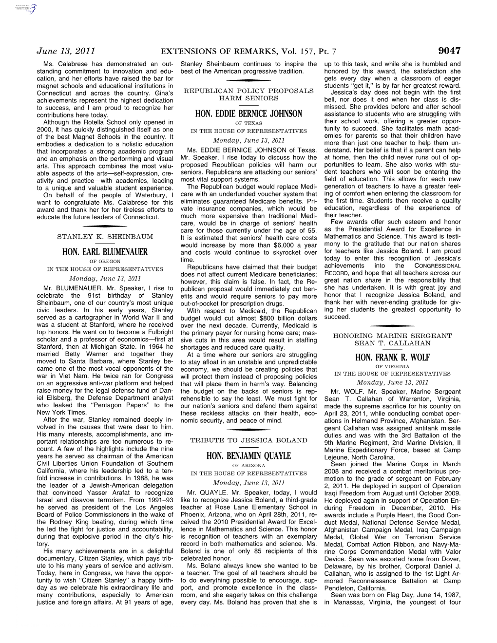 9047 Hon. Earl Blumenauer Hon. Eddie Bernice Johnson Hon. Benjamin Quayle Hon. Frank R. Wolf