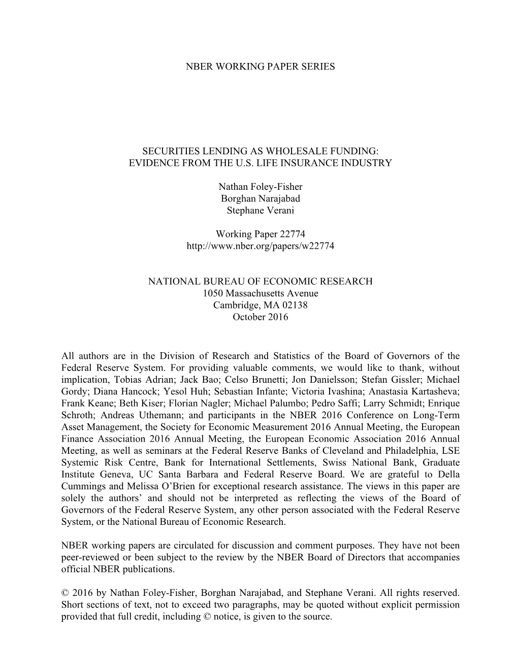 Nber Working Paper Series Securities Lending As