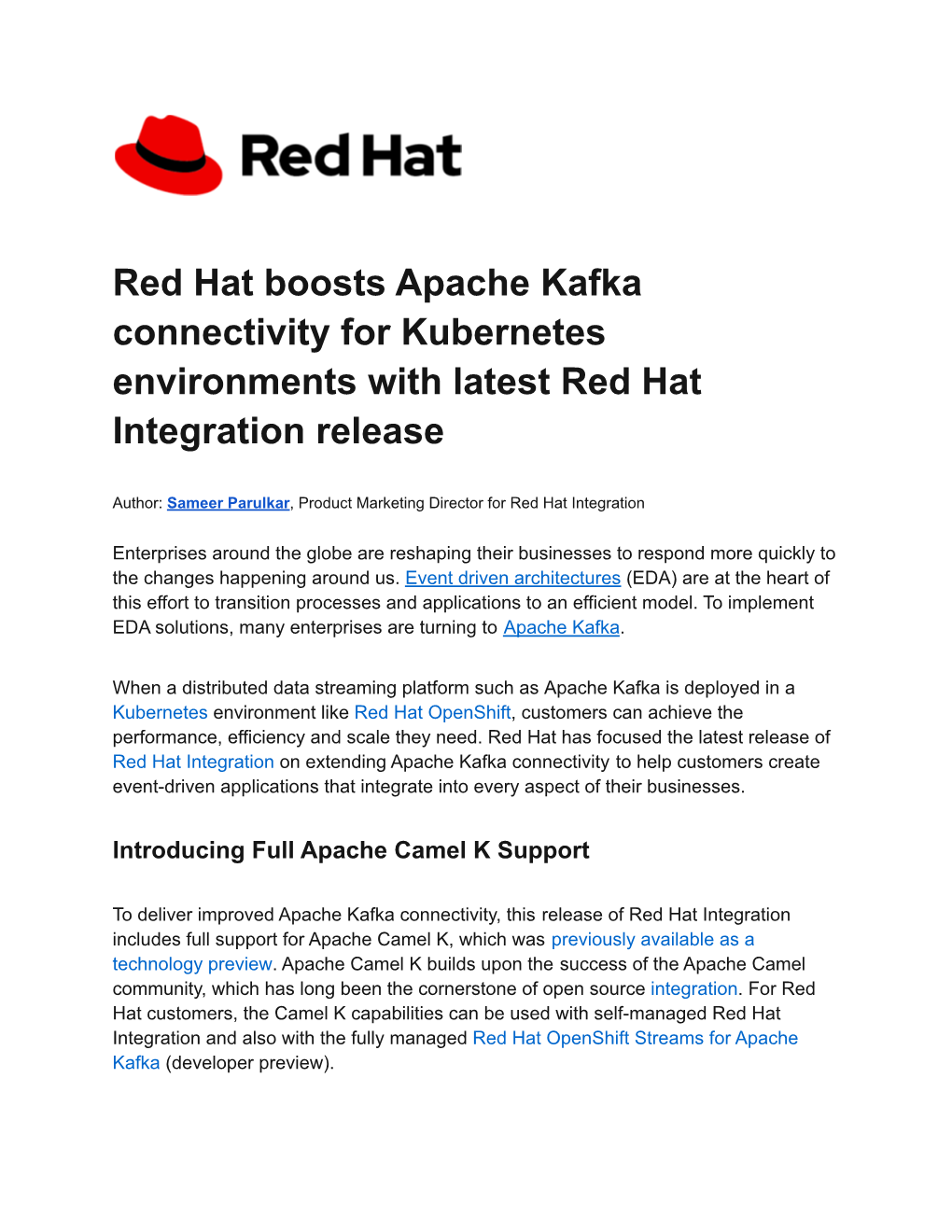 Red Hat Boosts Apache Kafka Connectivity for Kubernetes Environments with Latest Red Hat Integration Release