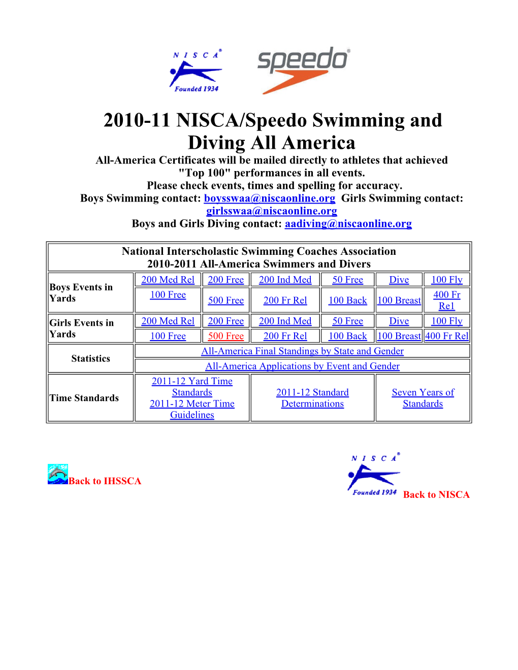 2010-11 NISCA/Speedo Swimming and Diving All America All-America Certificates Will Be Mailed Directly to Athletes That Achieved "Top 100" Performances in All Events