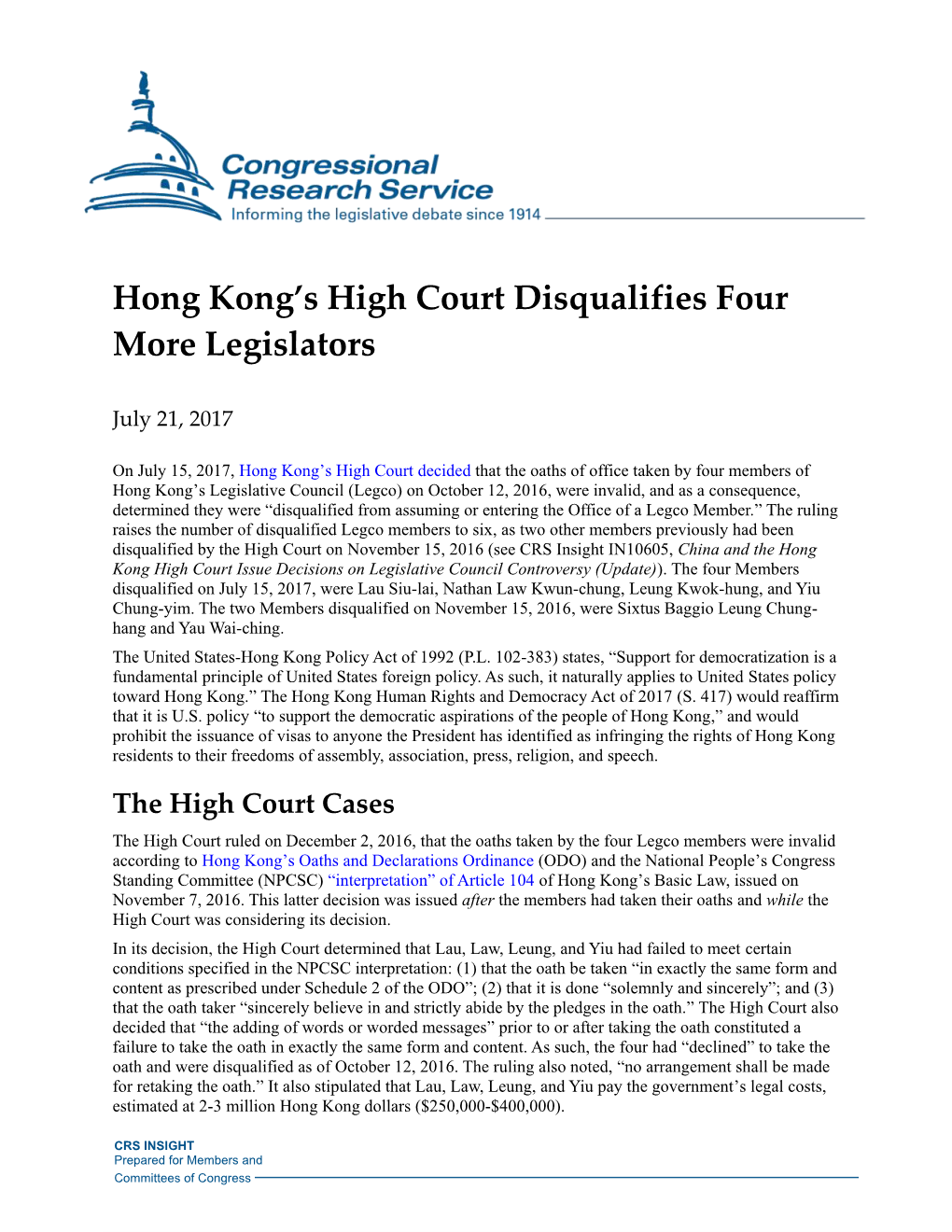 Hong Kong's High Court Disqualifies Four More Legislators