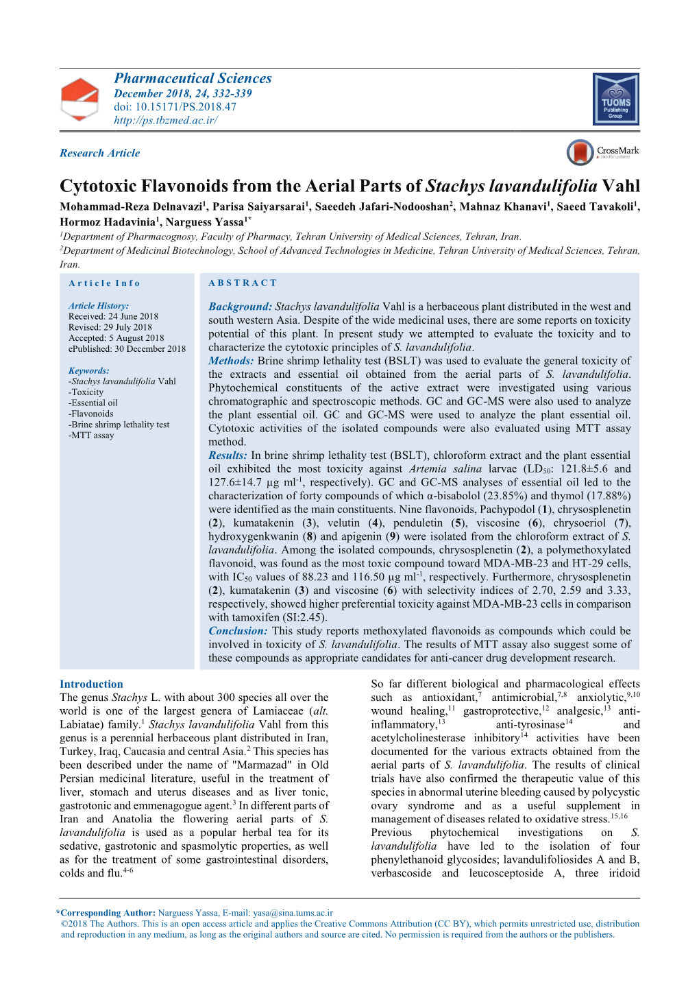 Cytotoxic Flavonoids from the Aerial Parts of Stachys Lavandulifolia Vahl