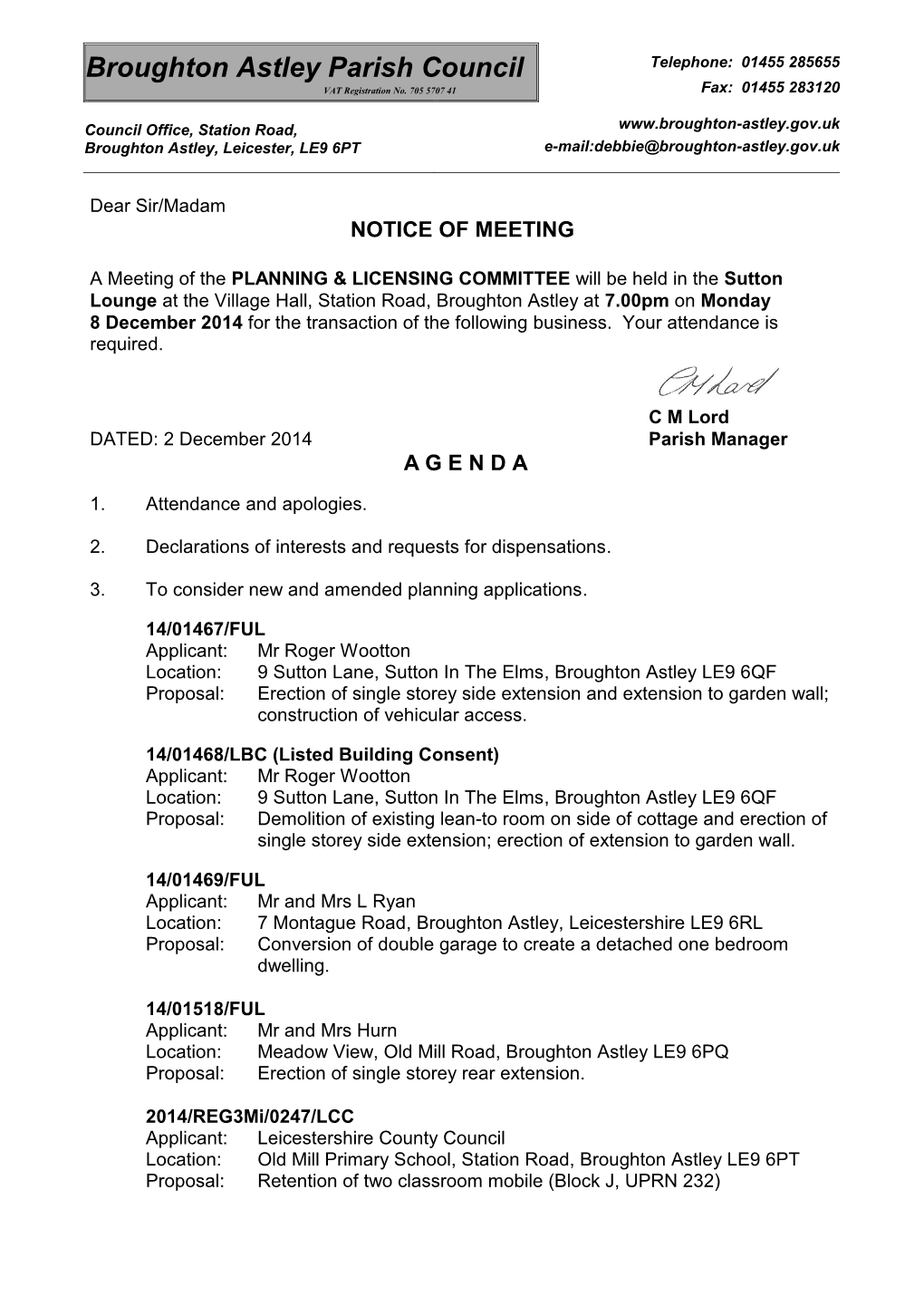 Planning and Licensing Committee Agenda 8 December 2014