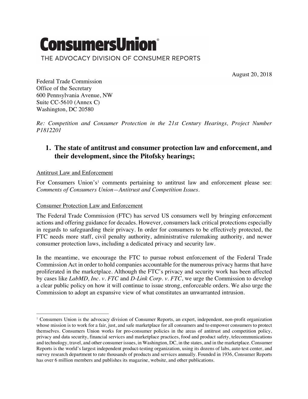 1. the State of Antitrust and Consumer Protection Law and Enforcement, and Their Development, Since the Pitofsky Hearings;