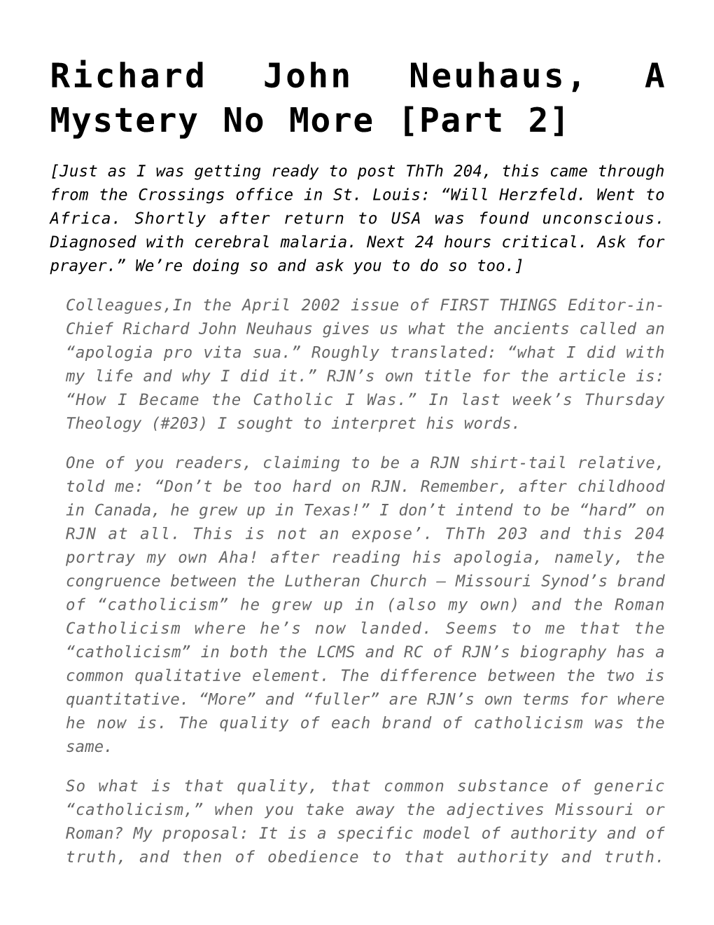 Richard John Neuhaus, a Mystery No More [Part 2]
