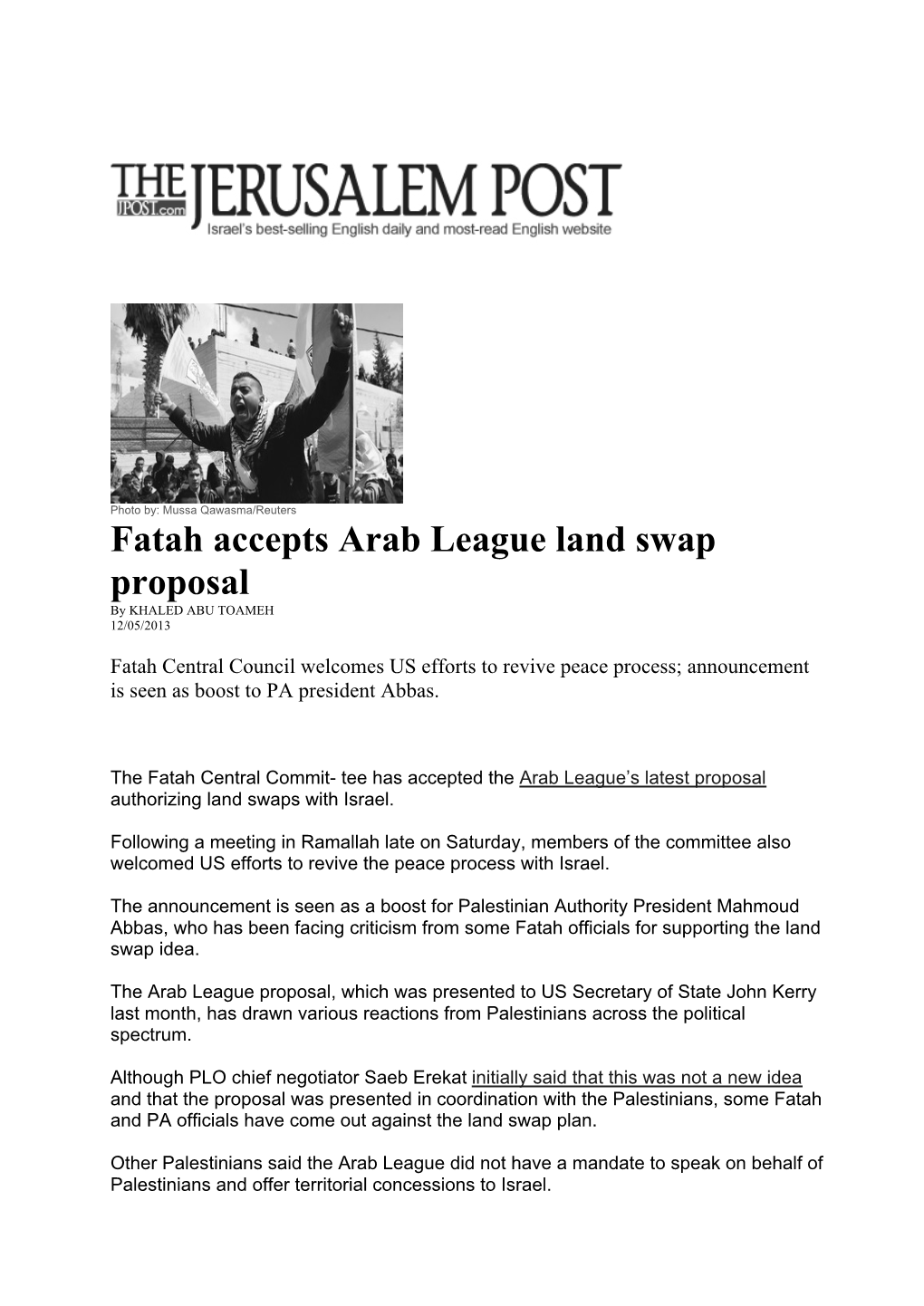 Fatah Accepts Arab League Land Swap Proposal by KHALED ABU TOAMEH 12/05/2013
