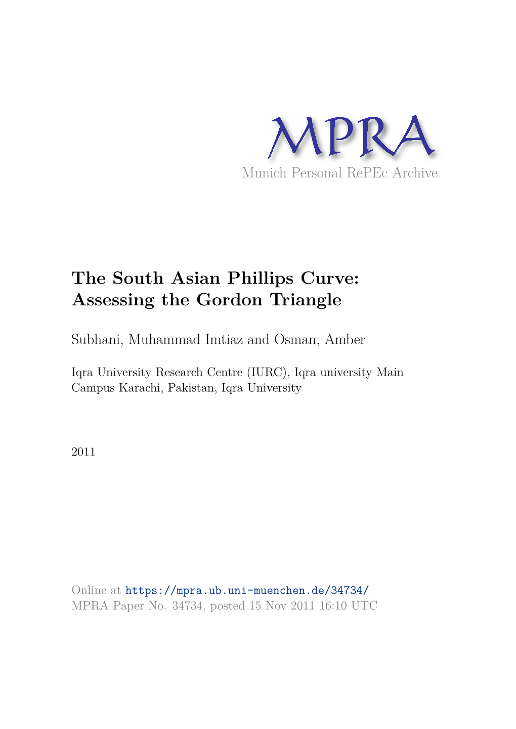 The South Asian Phillips Curve: Assessing the Gordon Triangle