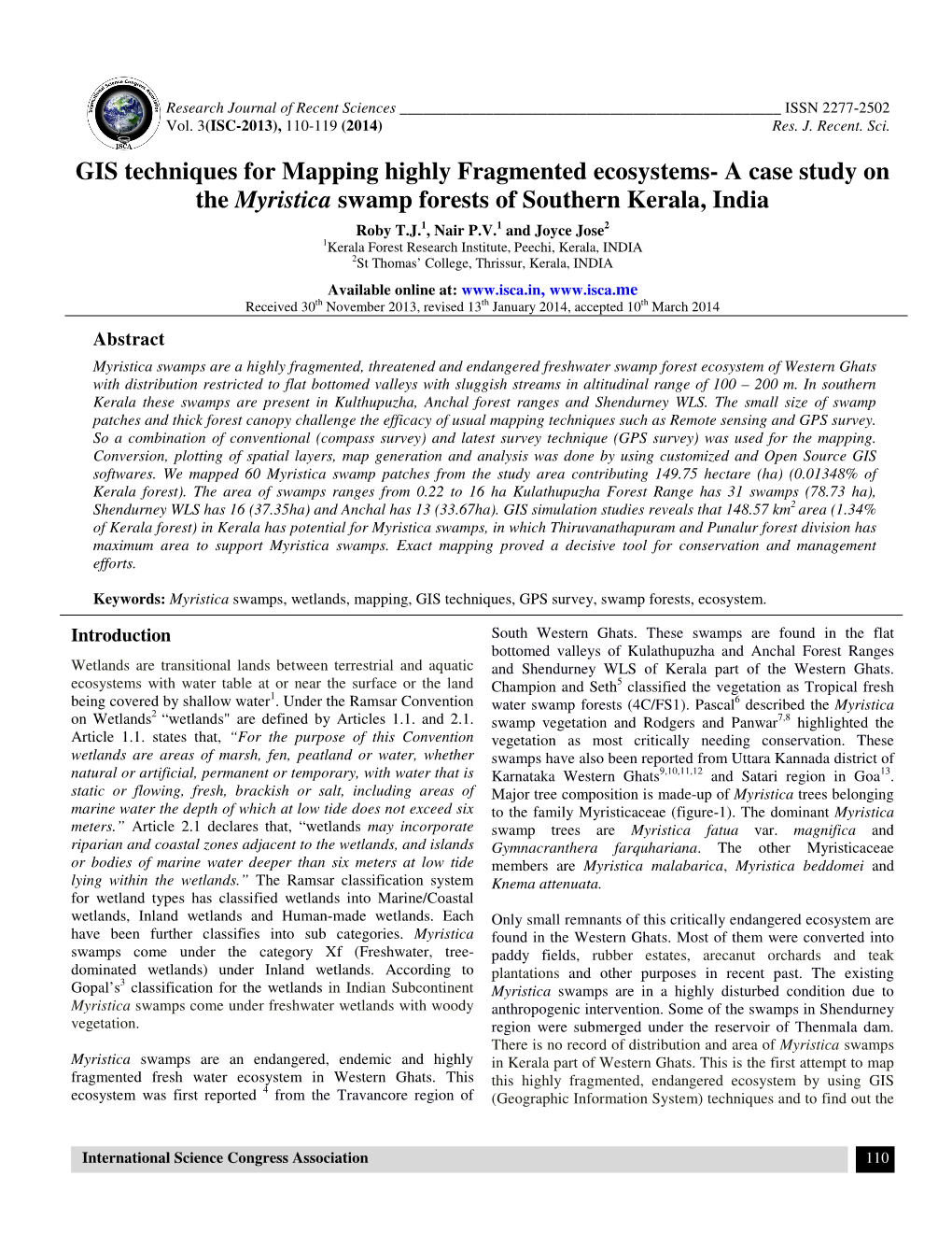 A Case Study on the Myristica Swamp Forests of Southern Kerala, India Roby T.J