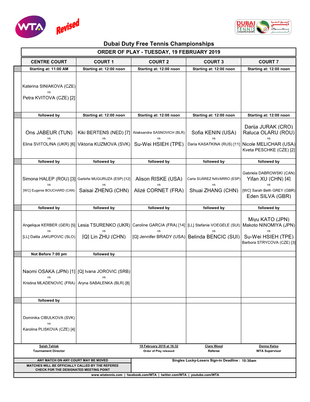 Dubai Duty Free Tennis Championships ORDER of PLAY - TUESDAY, 19 FEBRUARY 2019