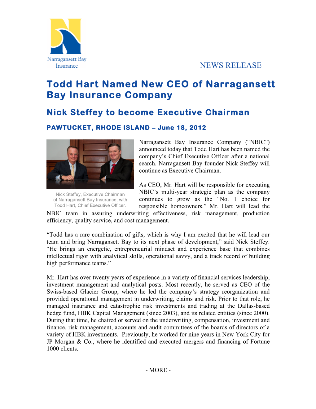 Todd Hart Named New CEO of Narragansett Bay Insurance Company