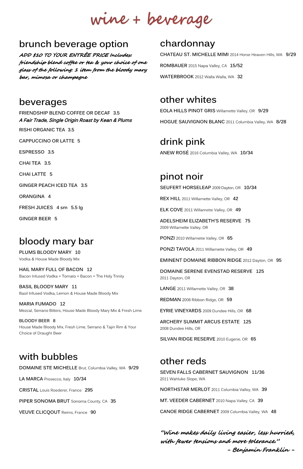 Brunch Beverage Option Beverages Bloody Mary Bar with Bubbles Chardonnay Other Whites Drink Pink Pinot Noir Other Reds