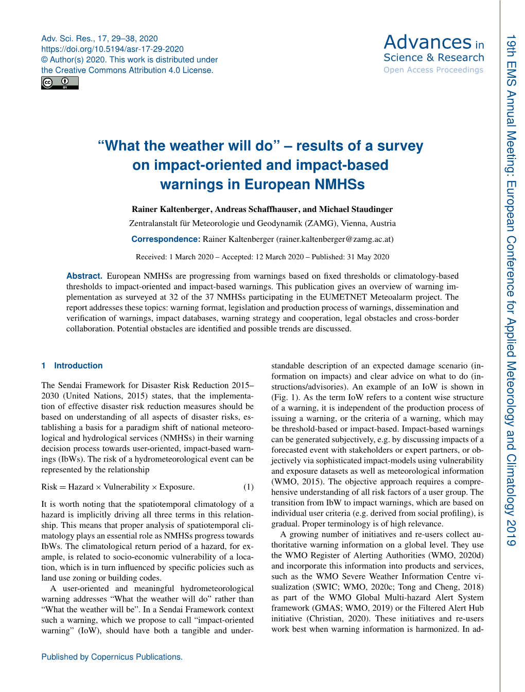 “What the Weather Will Do” – Results of a Survey on Impact-Oriented and Impact-Based Warnings in European Nmhss