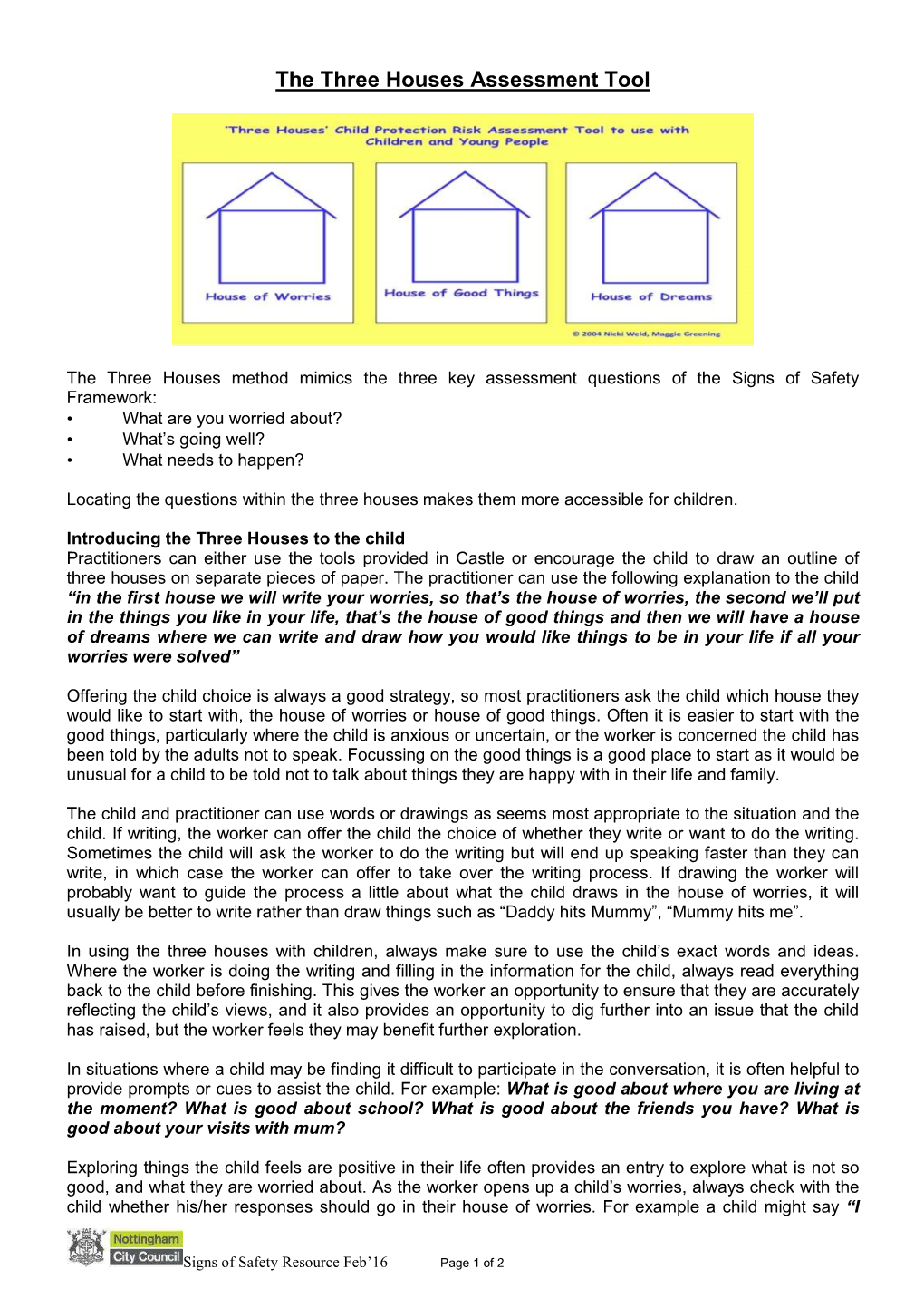 The Three Houses Assessment Tool Guidance