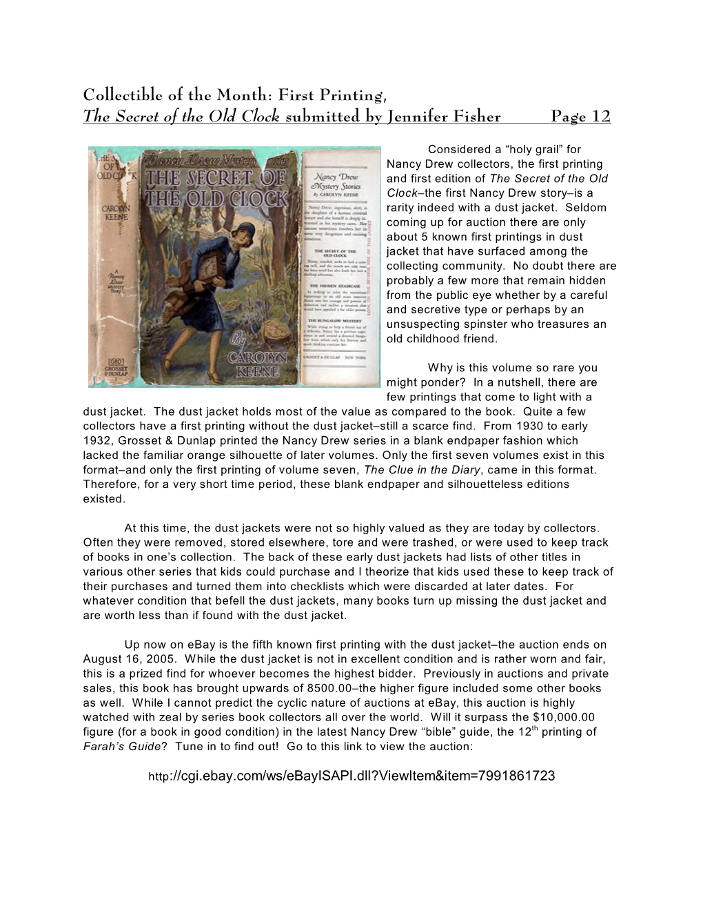 Collectible of the Month: First Printing, the Secret of the Old Clock Submitted by Jennifer Fisher Page 12