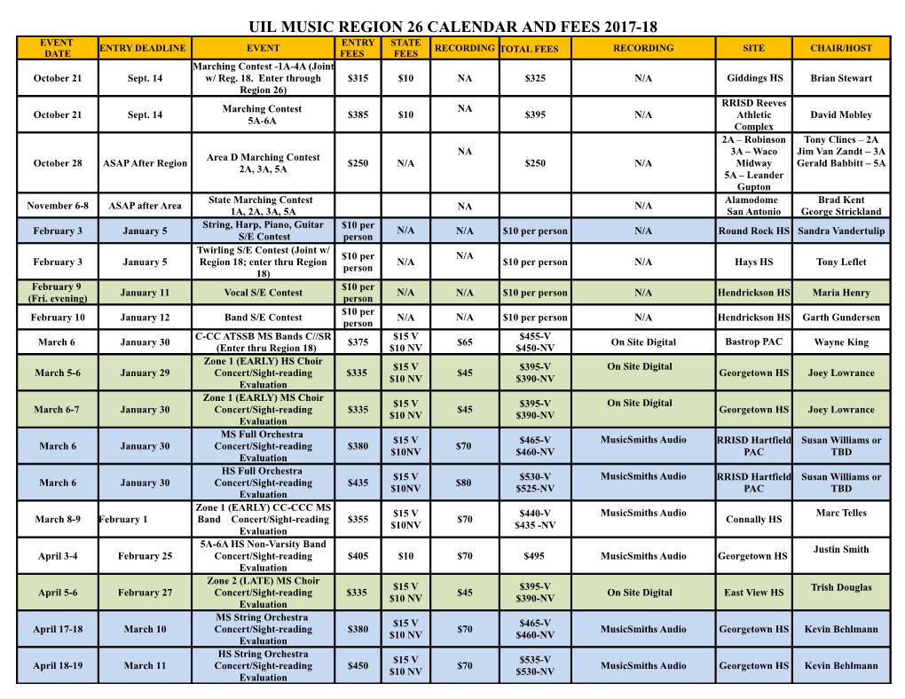 Uil Music Region 26 Calendar and Fees 2017-18