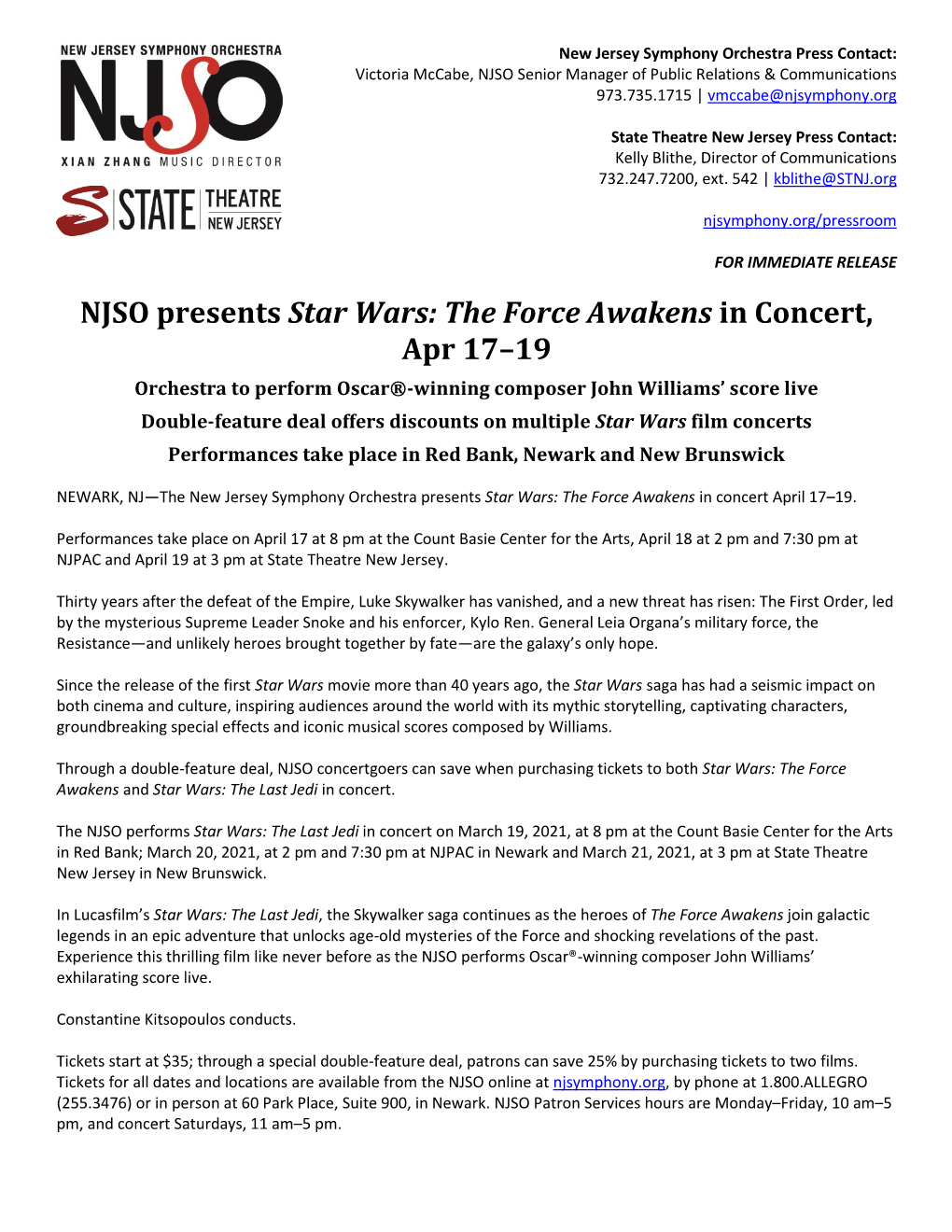 NJSO Presents Star Wars: the Force Awakens in Concert, Apr 17–19