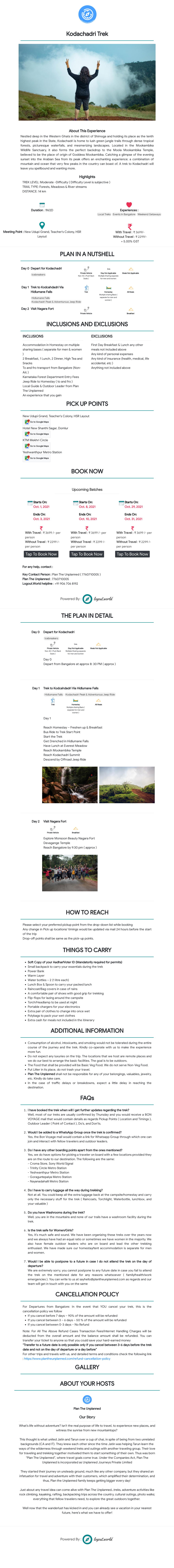 Kodachadri Trek PLAN in a NUTSHELL INCLUSIONS AND