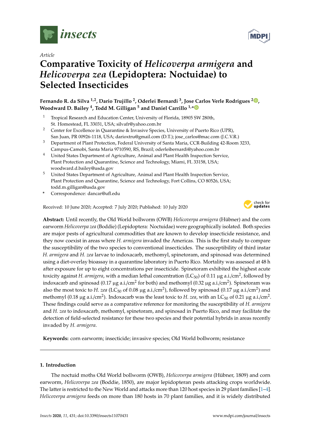 Comparative Toxicity of Helicoverpa Armigera and Helicoverpa Zea (Lepidoptera: Noctuidae) to Selected Insecticides