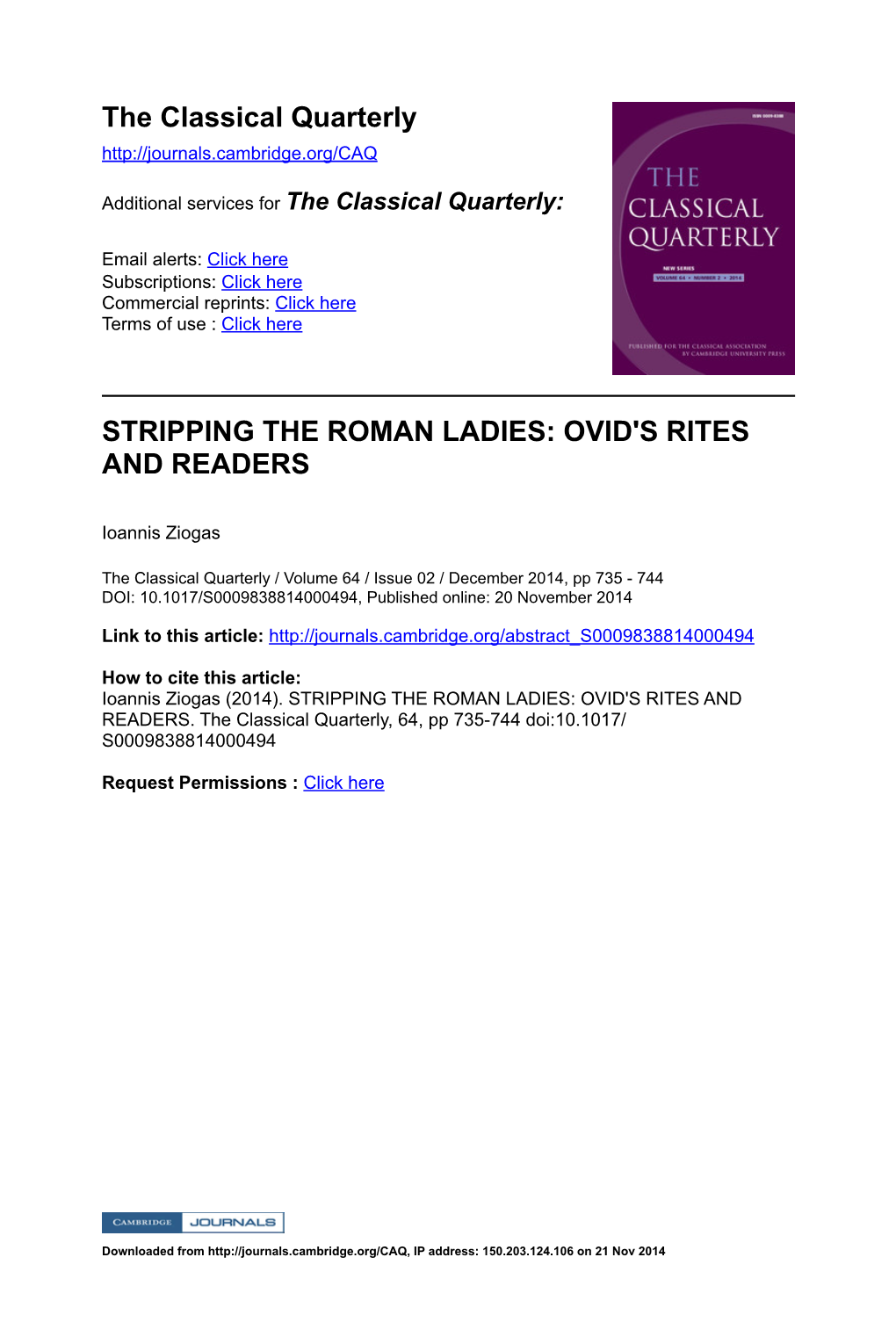 The Classical Quarterly STRIPPING the ROMAN LADIES: OVID's