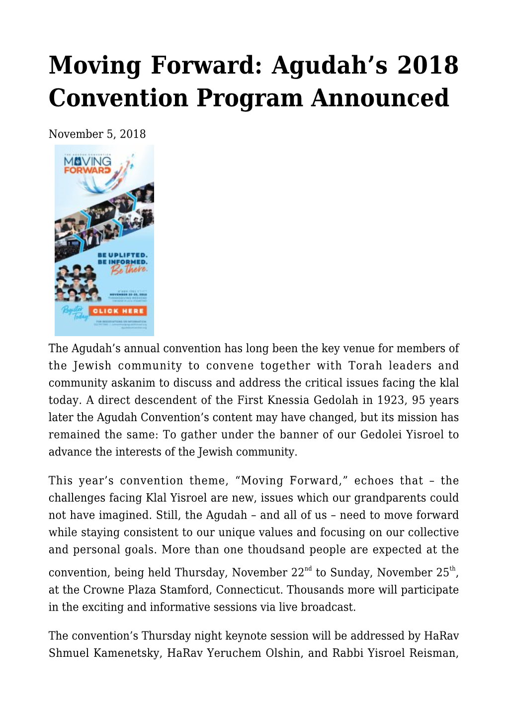 Moving Forward: Agudah's 2018 Convention Program Announced