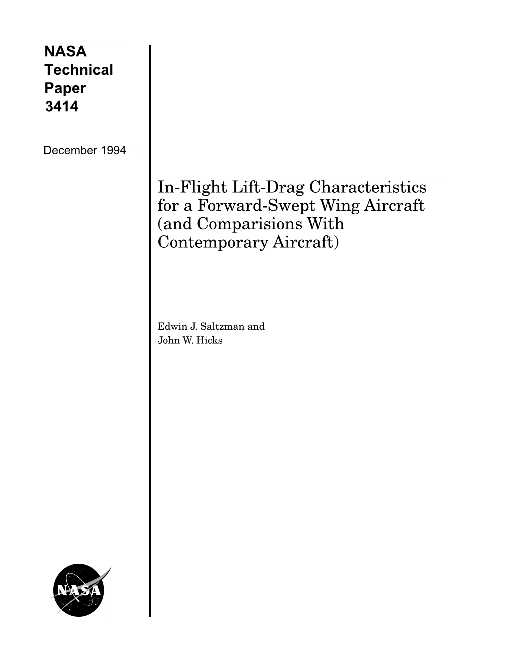 In-Flight Lift-Drag Characteristics for a Forward-Swept-Wing Aircraft (And Comparisions with Contemporary Aircraft)